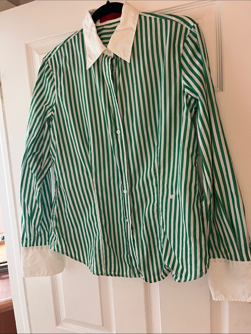 Carolina Herrera Green and White Striped Button-Down Shirt